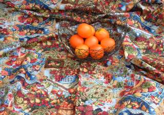 Stoff mit Orangen und Früchten