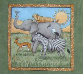 Stoff mit Elefanten, Zebras und anderen Tieren